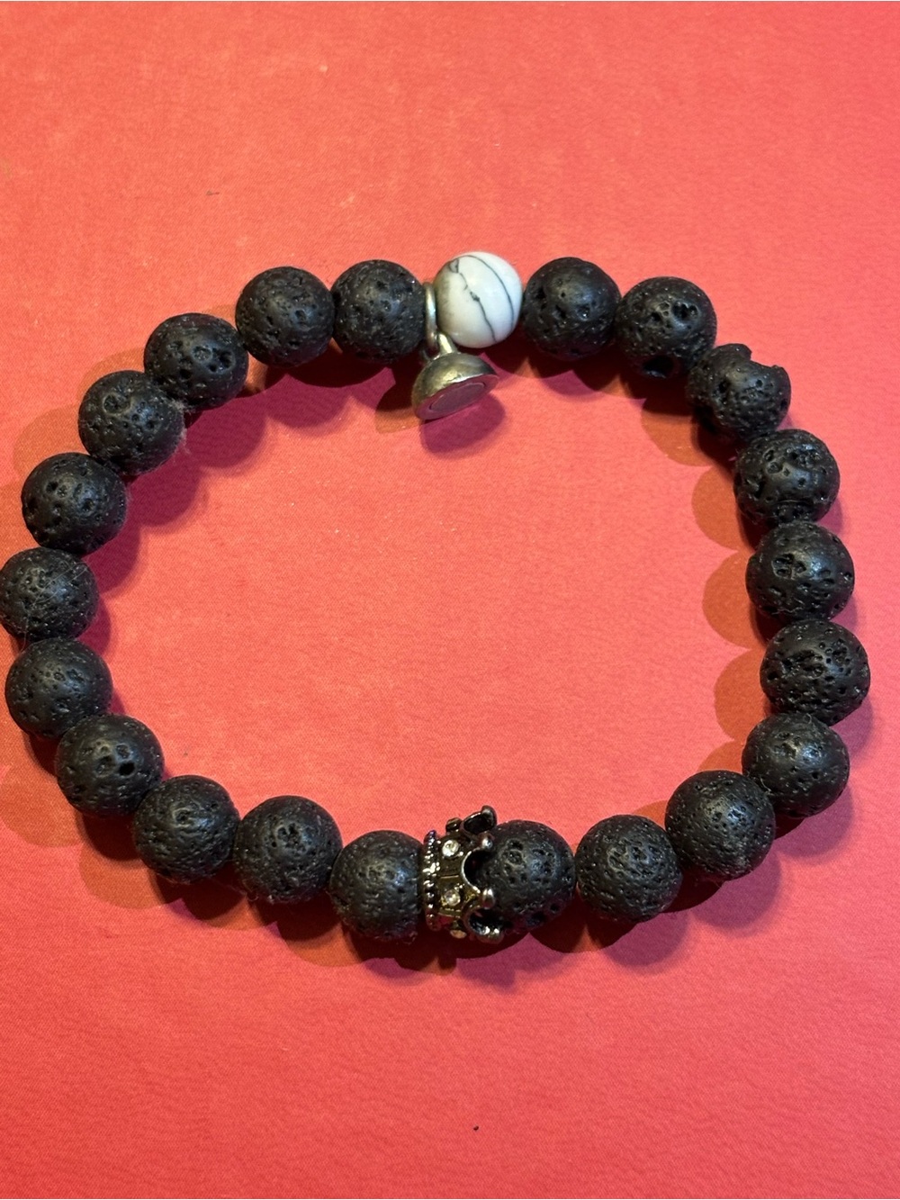 Unisex Black Lava Stone Beaded Stretch Bracelet w/ Howlite Accent & Crown Charm